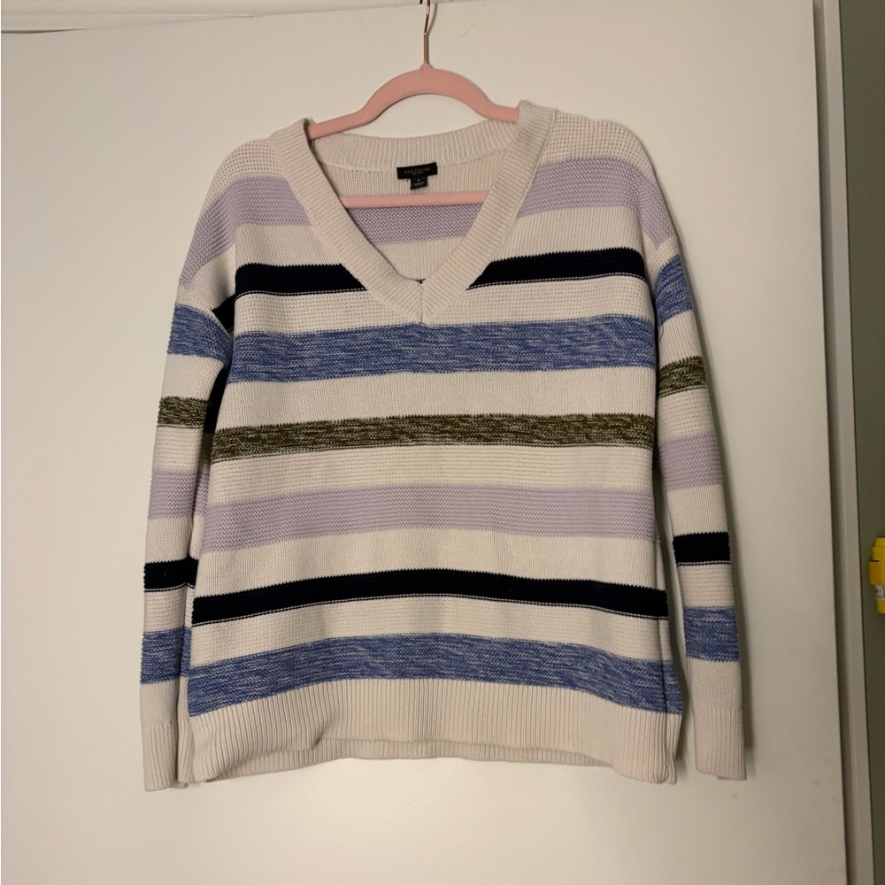 Ann Taylor Striped V-Neck Sweater in Cream, Lavender & Black